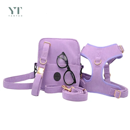 Luxuriöses, maßgeschneidertes Set aus hochwertiger lila Cord-Haustiertasche und Halsband, gepolsterte lange Leine, Hundeweste, Hundehalsband für Hunde